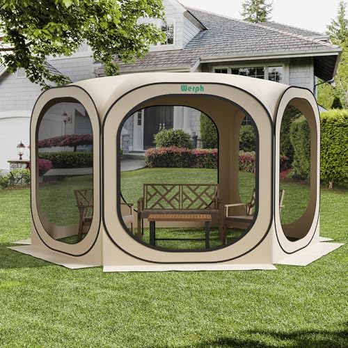 Werph Pop Up Screen Tent Canopy, Portable Screen Canopy with Mosquito Net, Outdoor Screen Room Tent 12 x12 FT with Carry Bag for Lawn & Garden, Parties，Beige Werph