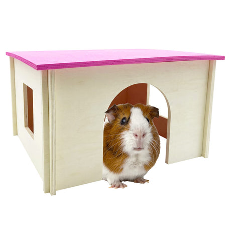 Fhiny Guinea Pig Wood House with Windows and Roof, Detachable Chinchilla Hut Hideout Hideaway Natural Hamster Habitat Decor for Hamsters Hedgehogs Squirrels or Other Small Animals (Random Color) Fhiny