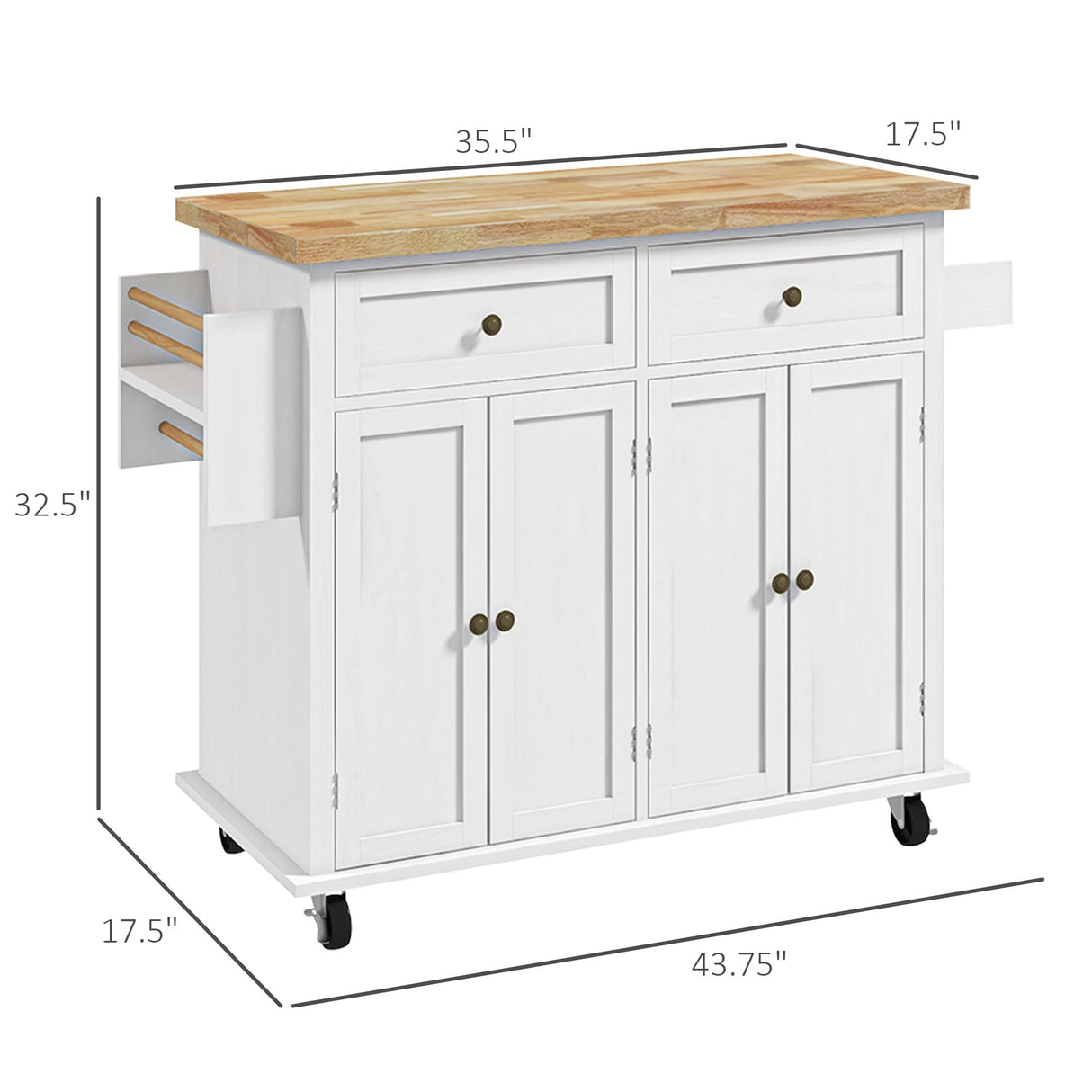 HOMCOM Kitchen Island on Wheels, Rolling Cart with Rubberwood Top, Spice Rack, Towel Rack and Drawers for Dining Room, Distressed White HOMCOM