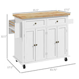 HOMCOM Kitchen Island on Wheels, Rolling Cart with Rubberwood Top, Spice Rack, Towel Rack and Drawers for Dining Room, Distressed White HOMCOM