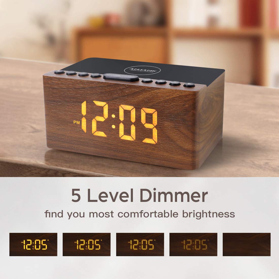 ANJANK Digital LED Alarm Clock FM Radio, Fast Wireless Charger Station for iPhone/Samsung Galaxy, 5 Level Dimmer, USB Charging Port, 2 Sounds, Sleep Timer for Bedroom, Bedside, Desk - Wood ANJANK