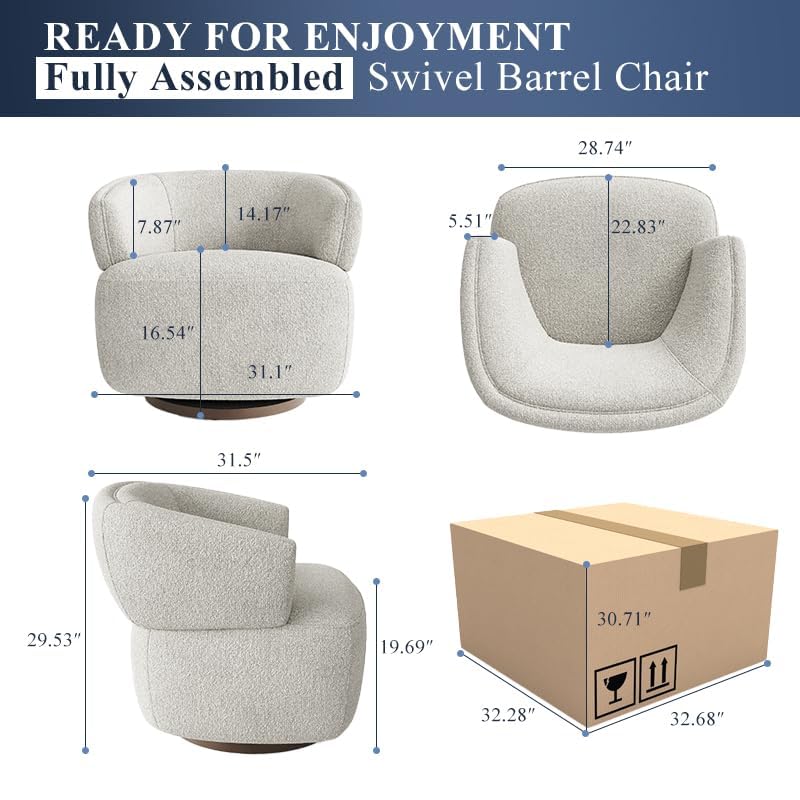 RoyalCraft Swivel Accent Chair Set of 2, Fully Assembled Round Barrel Chairs, Oversized Upholstered Armchair with 360-Degree Base, Modern Club Chair for Living Room, Bedroom, Office, Griege RoyalCraft