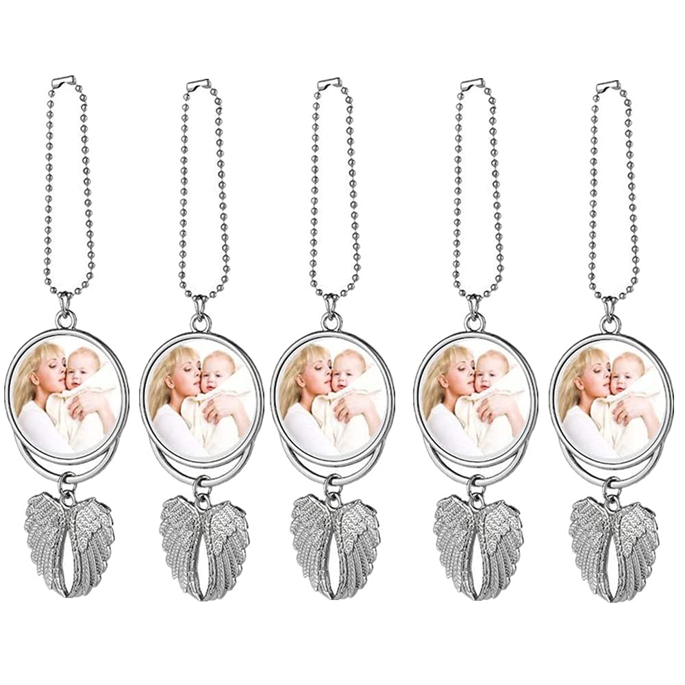 Car Hanging Ornament,Angel Wing Car Rearview Mirror Pendant with Sublimation Blank Pendant Heat Transfer Photo Frame for Automobiles Home Window Christmas Ornaments (Silver-5PC)