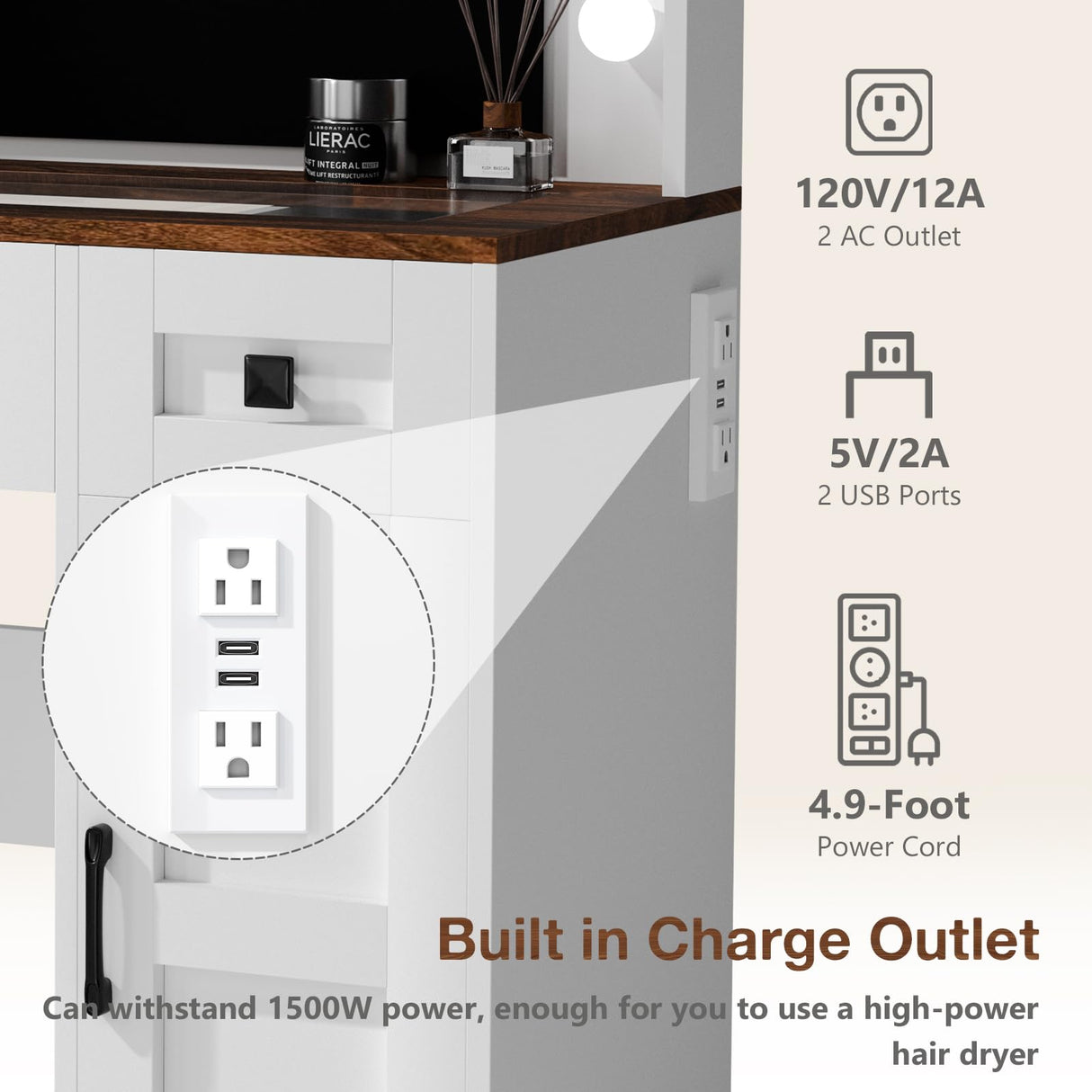 CUOZOVA Farmhouse Vanity Desk with Mirror and Lights, Glass Tabletop Vanity with Charging Station，Vanity Table with 3 Drawers & 3 Cabinets, White Rustic Makeup Vanity for Bedroom CUOZOVA