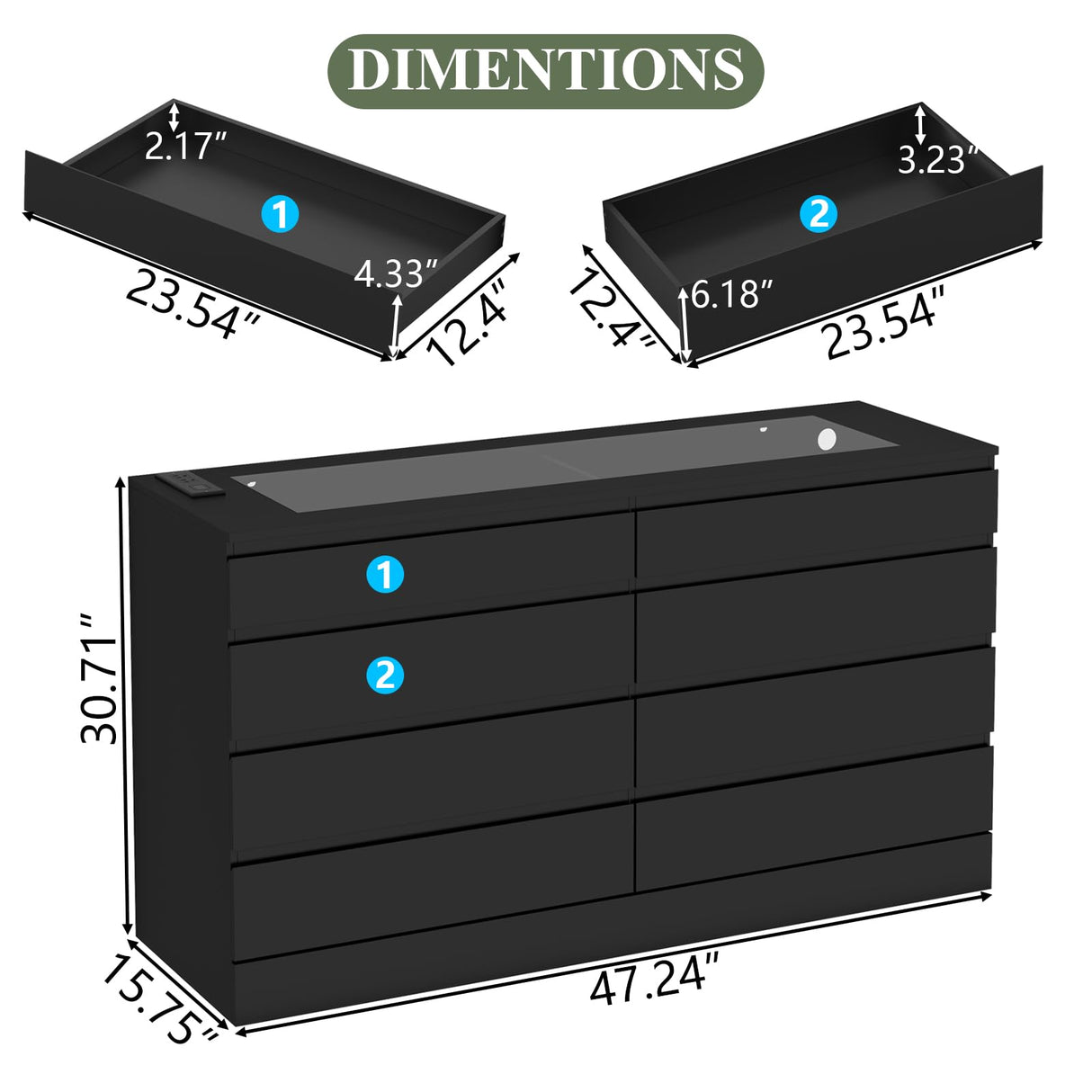 Gyfimoie 8 Drawer Dresser with Power Outlet, Modern Chest of Drawers with LED Light & Glass Top, Wood Double Dresser TV Stand with Organizer Storage for Bedroom, Living Room, Closet (Black) Gyfimoie
