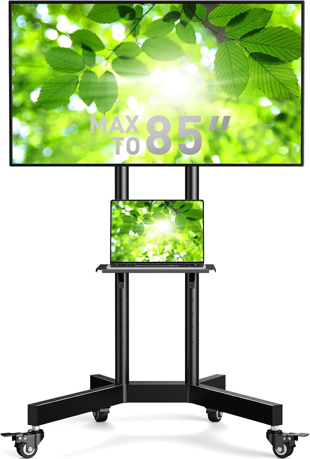 Perlegear Rolling TV Stand, Mobile TV Stand on Wheels for 32-85 Inch Screens up to 132 lbs, Height Adjustable Mobile TV Cart with Metal Shelf, Rolling TV Cart with Lockable Wheels Max VESA 600x400mm Perlegear