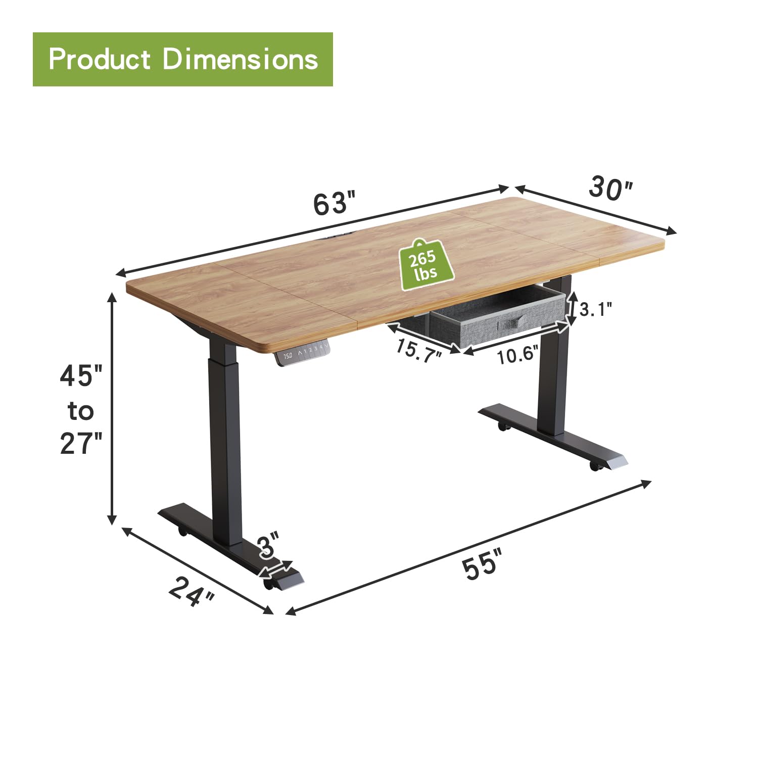 Radlove Dual Motors Height Adjustable 63 x 30'' Electric Standing Desk with Drawer Stand Up Table 4 Memory Keys, Computer Desk with Splice Board Home Office Desk, Brown Top + Black Frame - WoodArtSupply