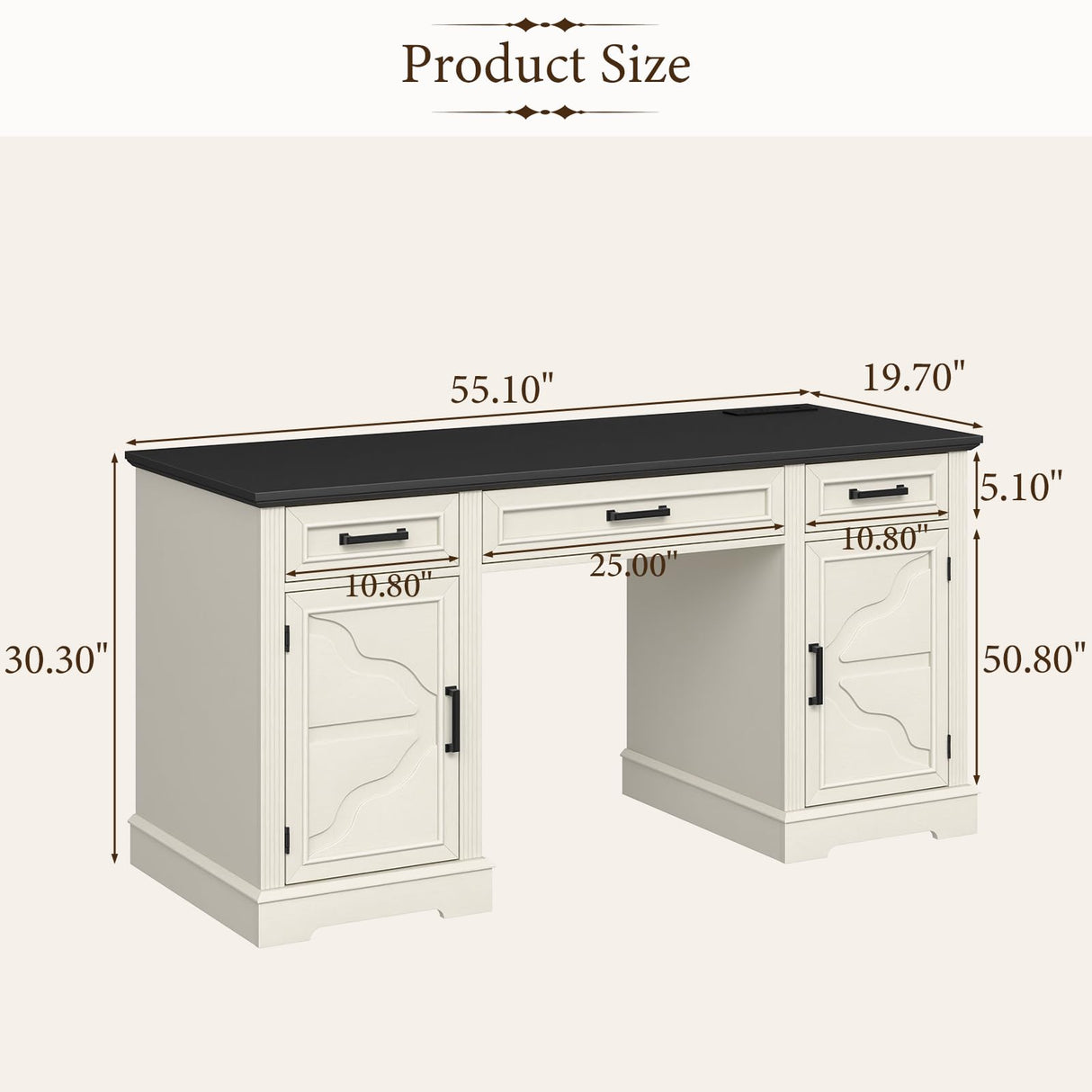 Vabches Executive Desk with Storage Drawers, Farmhouse Office Desk with Charging Station Wood Computer Desk with Ample Storage Cabinet, Rustic Home Wrting Desk with Drawers for Office, White Vabches