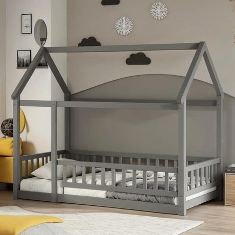 PVWIIK Twin Size Montessori Floor Bed with Roof & Fence Guardrails for Boys Girls Bedroom,Twin Size Floor Wooden Bed Frame,Easy Assemble,No Box Spring Needed, Gray PVWIIK