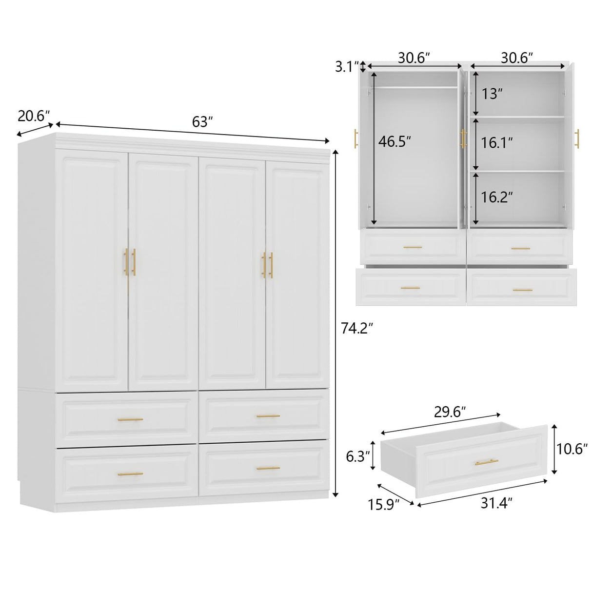 FUFU&GAGA Armoire Wardrobe Closet with 4 Doors, Wardrobe with Hanging Rod and 4 Drawers, Wardrobe Closet with Shelves, White FUFU&GAGA