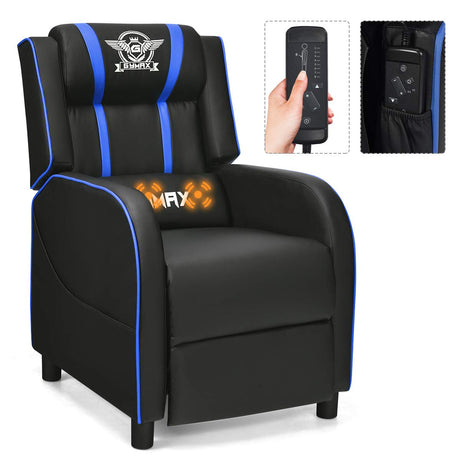 GYMAX Gaming Recliner, Massage Gaming Chair w/Adjustable Footrest, Remote Control & Side Pocket, Ergonomic Game Lounge Chair, Racing Style Single Theater Seat Game Sofa for Adults (Blue) GYMAX