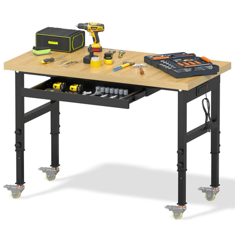 Cemostey 48" Work Bench with Drawers, Work Table with Wheels, Heavy-Duty Workbench with Power Outlet, 3000 LBS Load Capacity Portable Workbench for Garage, Workshop, Office, Home Cemostey