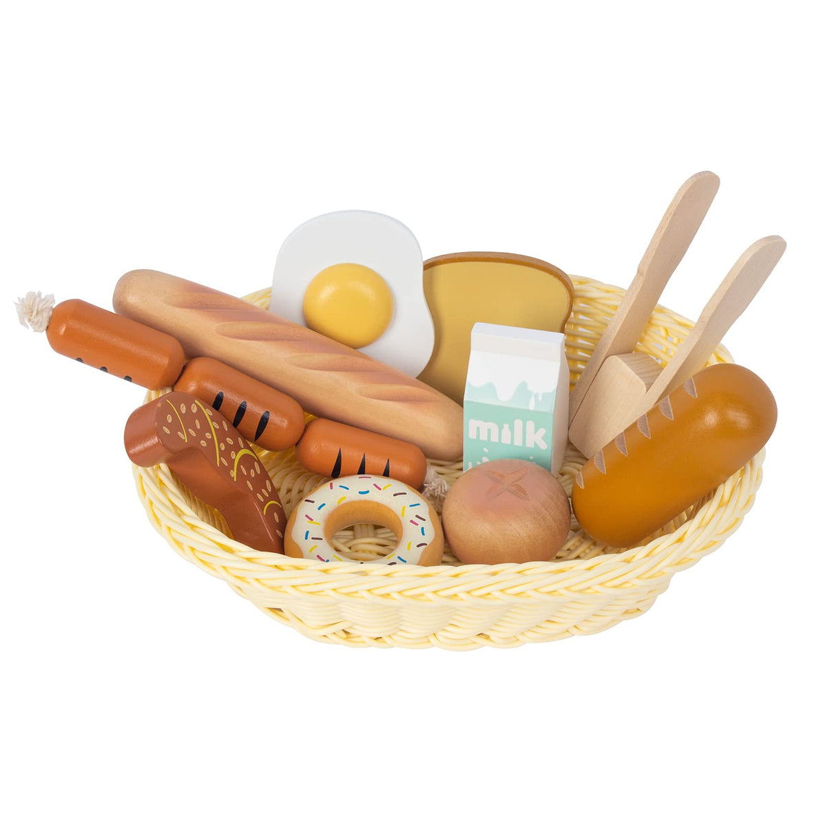 WOODENFUN Wooden Breakfast Toy Food Playset,Kids Pretend Play Food Kitchen Accessories with Storage Basket,Toddlers Fake Food Gift for Boys and Girls 2 Years Old Up WOODENFUN
