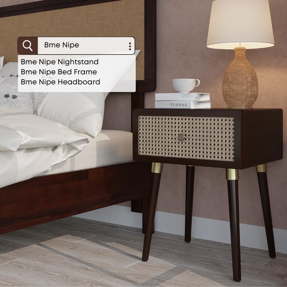 Bme Nipe Solid Wood and Rattan Boho Nightstand with Drawer, Walnut Finish Bme