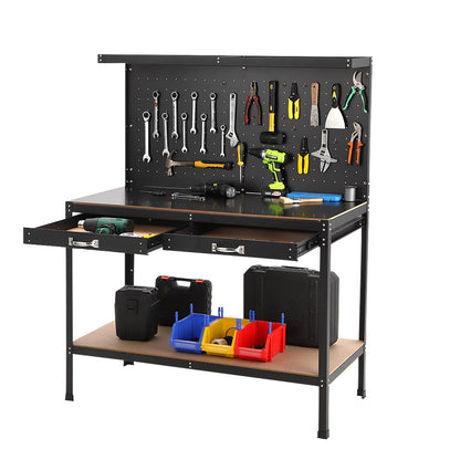 61 Inch Workbench, Tools Cabinet Working Tables Workbench Tool Storage Workshop Table with Drawers and Pegboard, 420lbs Weight Capacity, 48.1" L×23.9" W×61" H Black - WoodArtSupply