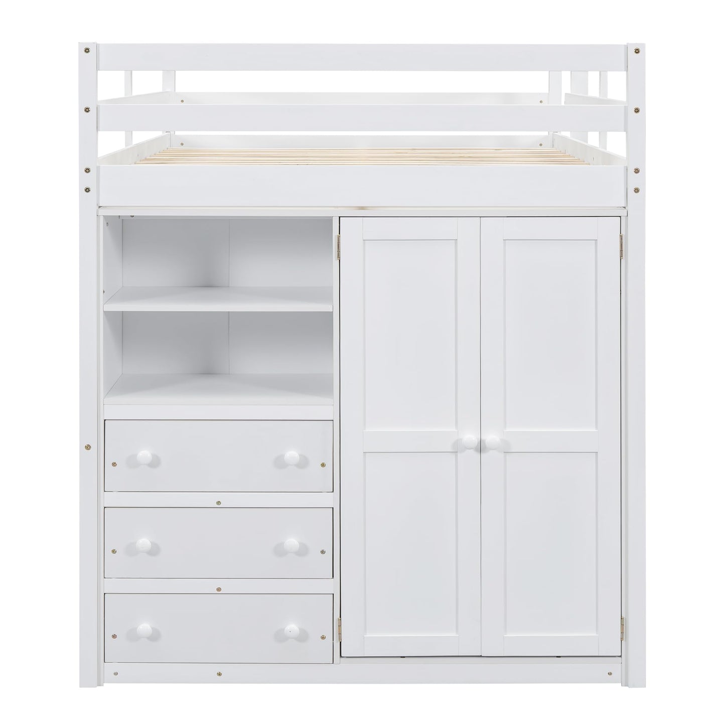 Full-Size White Loft Bed with Desk, Wardrobe, and Storage Drawers by Harper & Bright Designs - WoodArtSupply