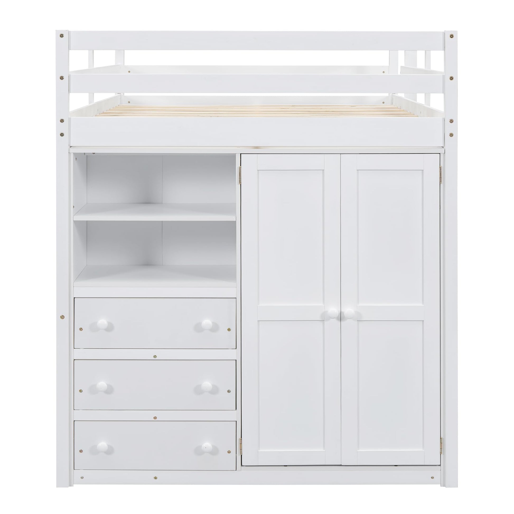 Full Size Loft Bed with Desk and Wardrobe Storage - BIADNBZ Wooden Bedframe in White - WoodArtSupply