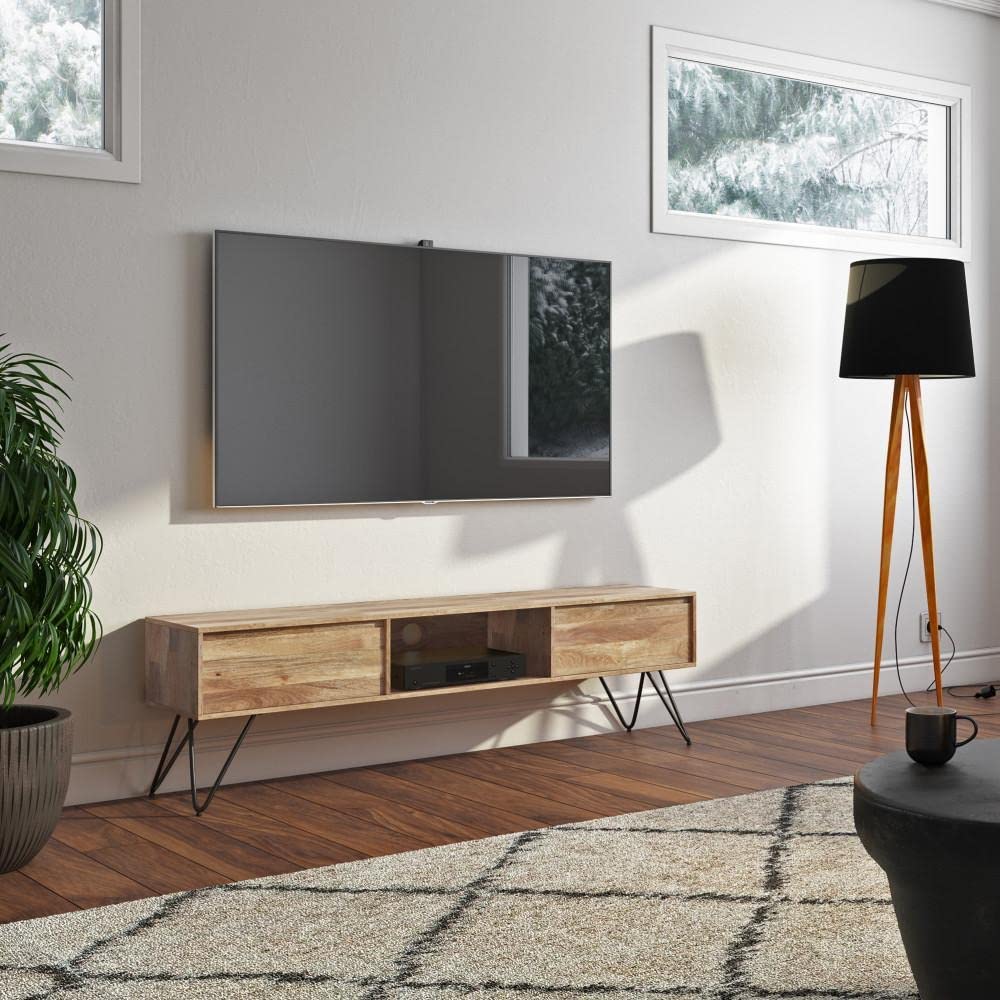 SIMPLIHOME Hunter SOLID MANGO WOOD 68 Inch Wide Industrial TV Media Stand in Natural for TVs up to 75 Inches, For the Living Room and Entertainment Center SIMPLIHOME