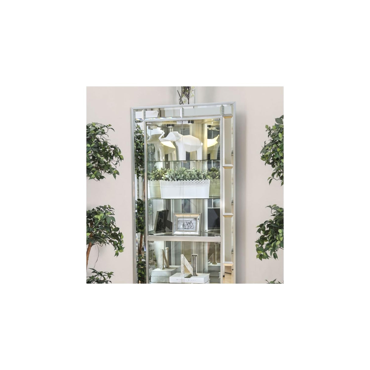 Benjara Wood and Glass Corner Curio Cabinet with Five Shelves, Silver Benzara