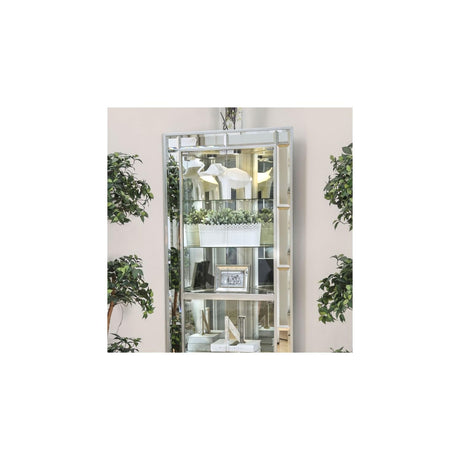 Benjara Wood and Glass Corner Curio Cabinet with Five Shelves, Silver Benzara