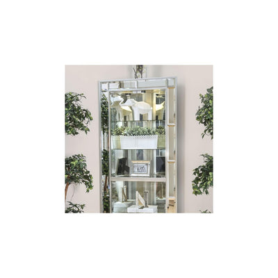 Benjara Wood and Glass Corner Curio Cabinet with Five Shelves, Silver