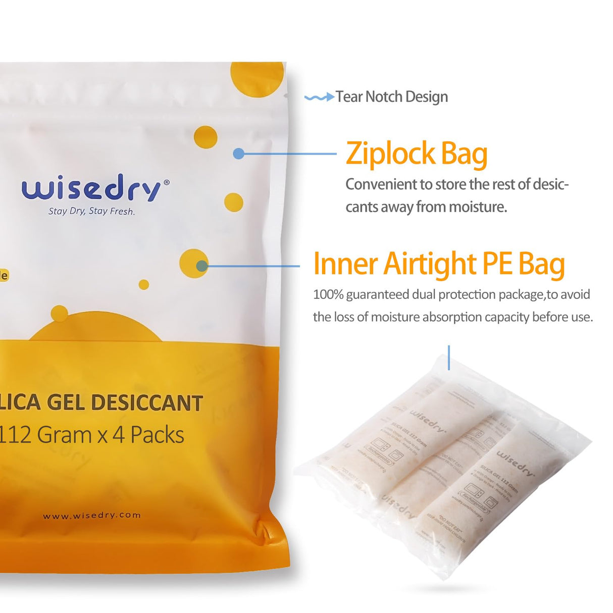 wisedry 112 Gram [4 Packs] Silica Gel Desiccant Packs for Larger Container Desiccant Bags with Orange Indicating Beads for 3D Printer Filament Gun Safe Camera Electronics Equipment Food Grade wisedry