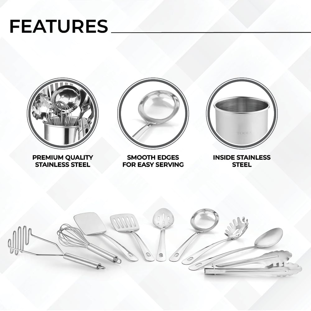 Avador® Premium Set of 10 Stainless Steel Kitchen Tool Set with Holder Easy To Clean, Space Saving, Great for Cooking, Baking, Prepping Avador