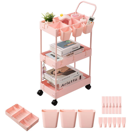 danpinera Slim Storage Cart, 3 Tier Narrow Rolling Cart on Wheels Bathroom Organizer Cart with Dividers Handle Hanging Cups Hooks for Laundry Room Kitchen Small Spaces, Pink danpinera