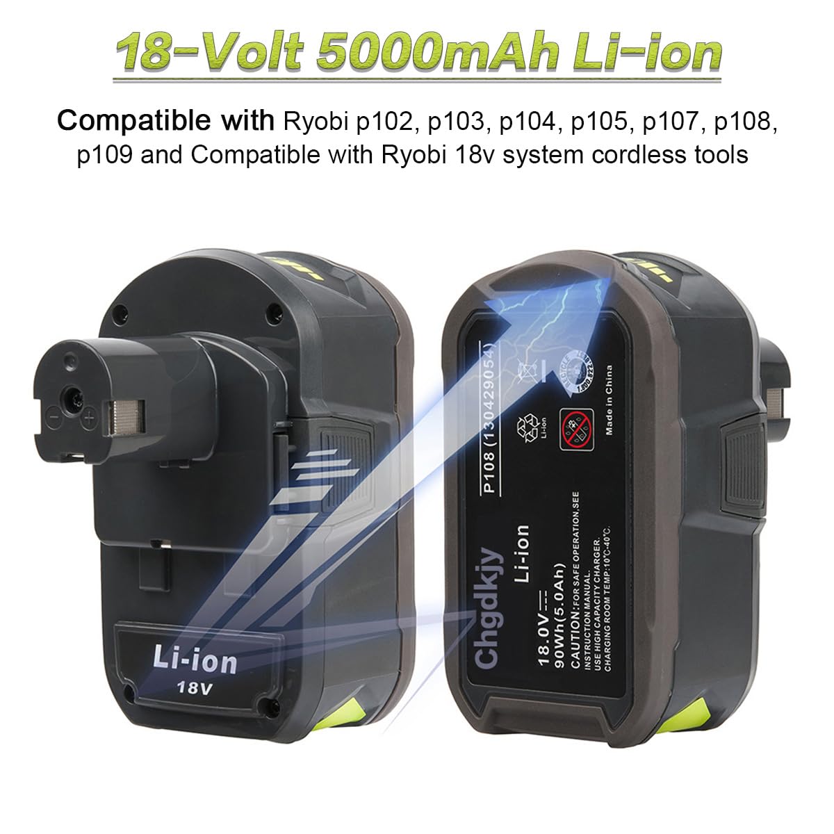 5.0Ah 18V Battery and Charger Combo for Ryobi 18V Battery P102 P103 P104 P105 P107 P108 P109 Cordless Tool Battery, with a P118B Charger for Ryobi 18V Battery Charger Chgdkjy