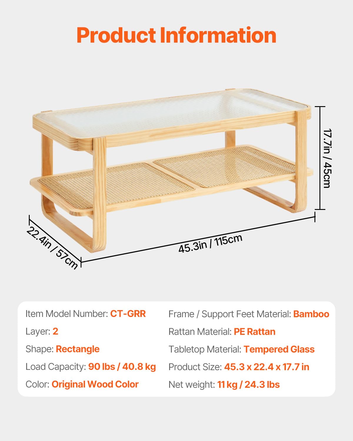 VEVOR Rattan Coffee Table, Rectangle Rattan Woven Wood Coffee Table with Tempered Glass Top, 45-Inch Modern Boho Storage Coffee Table with Natural Wood Legs, for Living Room, Bedroom & Small Spaces VEVOR