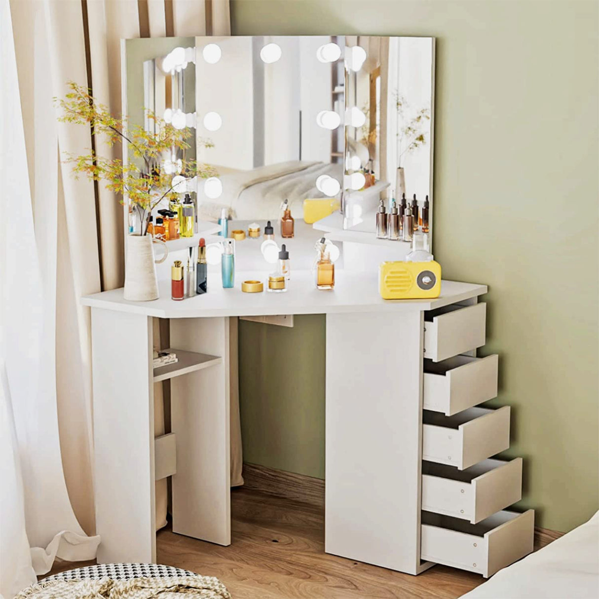 Corner Makeup Vanity Desk with Mirror and Lights - White Vanity Table with 3 Lighted Mirrors 5 Drawers Bedroom Makeup Table with Storage Shelf 44'' Dressing Table for Women Girls Soldow