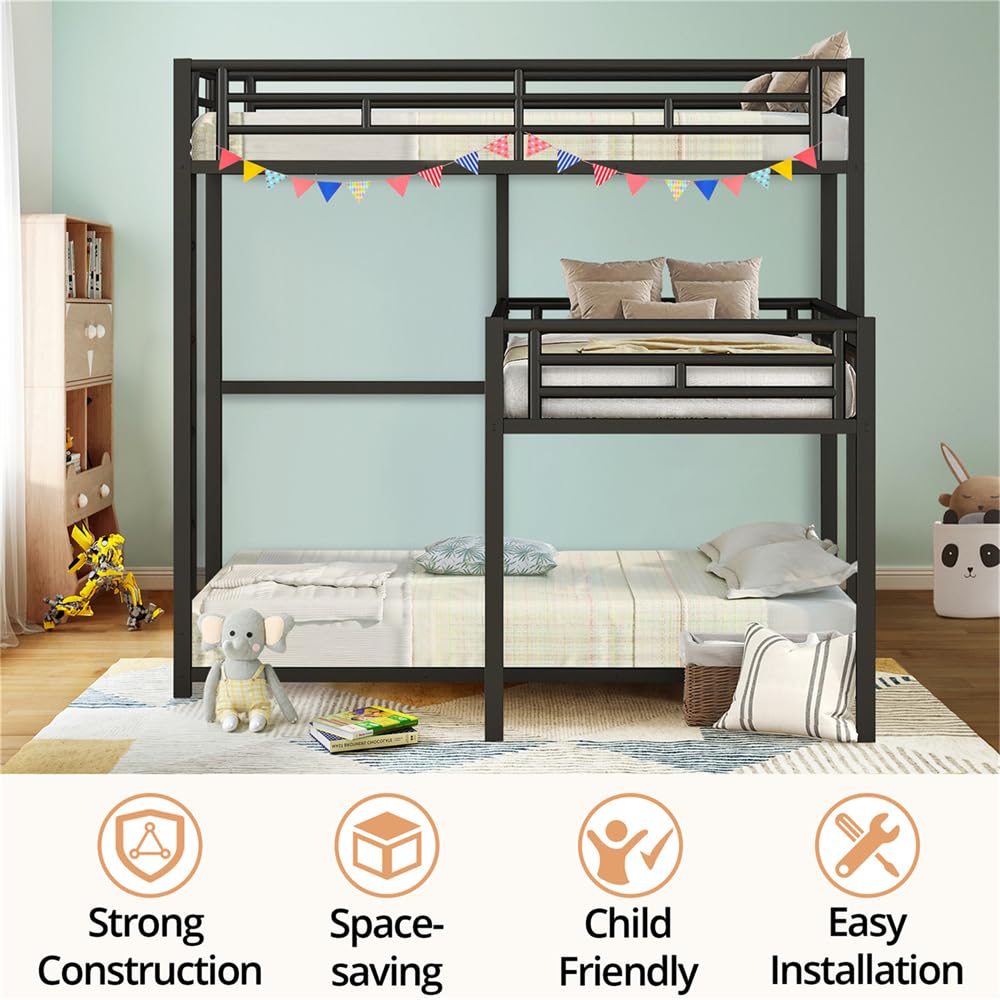 TURRIDU Heavy-Duty Triple Bunk Bed, Metal L-Shaped Bunk Bed for 3 Kids Adults with Built-in Ladder and Full-Length Guardrails, No Box Spring Needed & Space Saving Metal Triple Bunk Bed