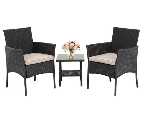 Ruesleag Patio Furniture 3 Pieces Outdoor Wicker Patio Furniture Conversation Set Patio Set Bistro Table Set for Backyard Porch Poolside Garden Balcony Lawn,Glass Coffee Table &RattanChairs Set,Black Ruesleag