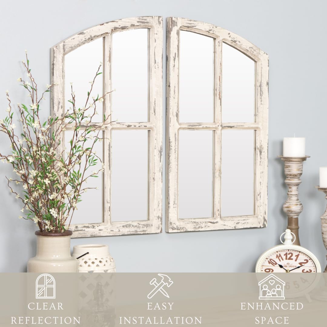 Jolene Arch Window Pane Mirror, Rustic Style Distressed Wood, Decorative Wall-Hanging Mirror, Easy Mount, Wall Mount Mirrors for Bedroom, Bathroom, Living Room (Set of 2) Aspire