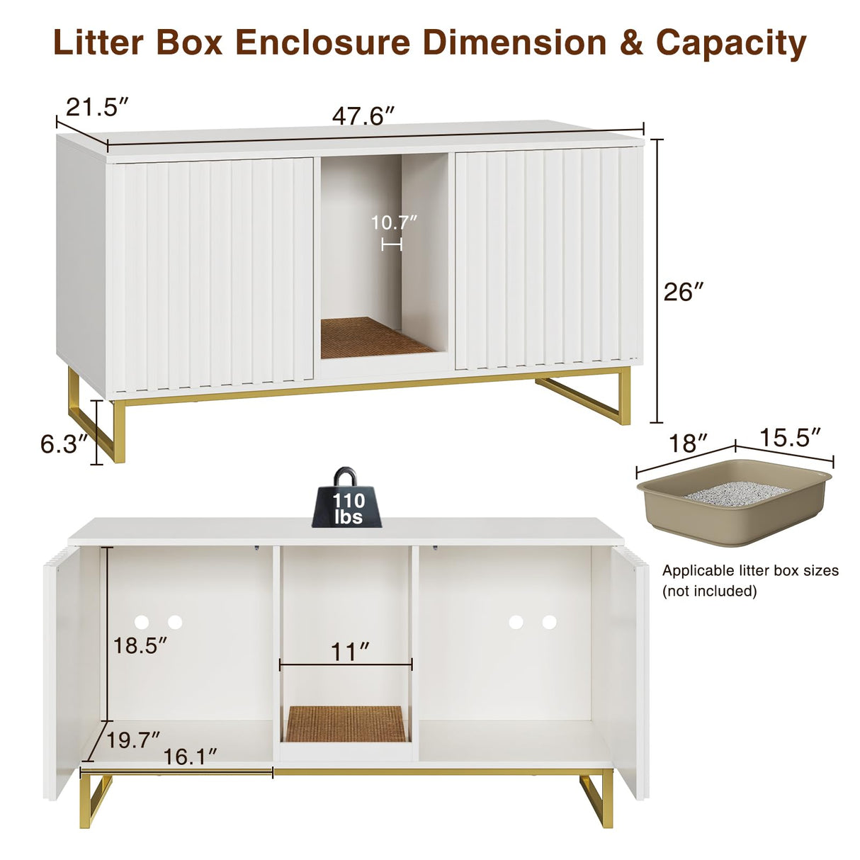 Cat Litter Box Enclosure for 2 Cats, 47.6’’ Litter Box Furniture Hidden with Scratch Pad, Double Room Large Cat Cabinet, Indoor Pet House TV Stand Side Table,Cats Washroom, White Halitaa