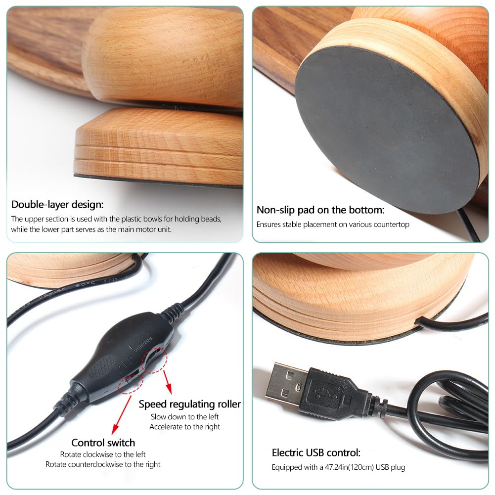 EHERDM Electric Bead Spinner Wood Beaded Bowl with 3 Trays and 2 Beading Needles Automatic Speed and Direction Adjustment Quick Beading Tools for Jewelry Making Kit EHERDM