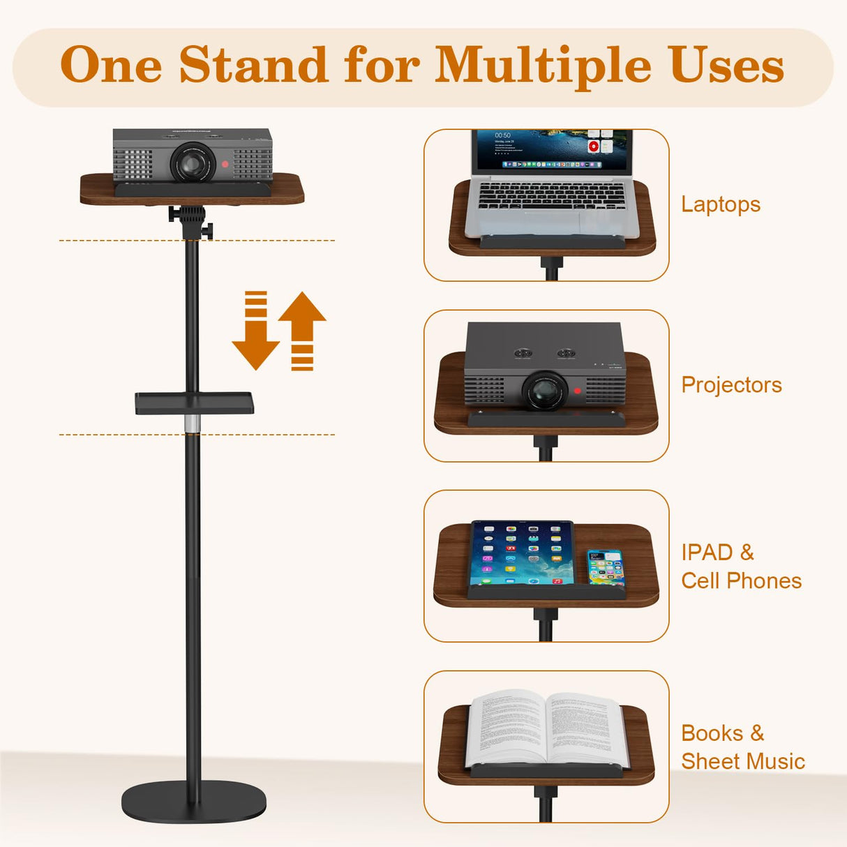Snughome Floor Book Stand with Removable Tray, Wood Standing Book Stand for Reading, Height Adjustment 21"-51", Music Stand Cookbook Stand Textbook Stand Laptop Stand Book Holder for Display Snughome