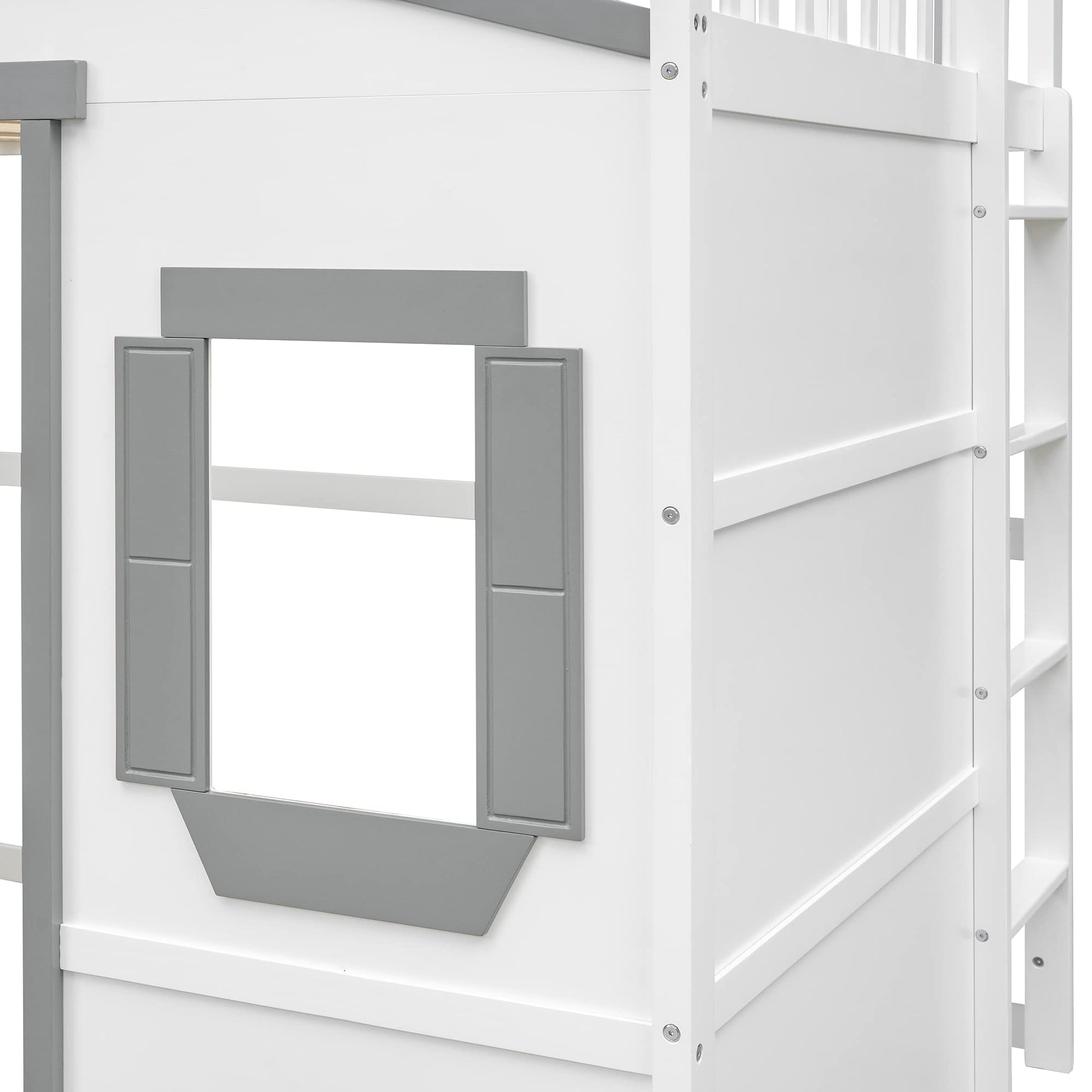 Stylish White and Gray Full Size House Loft Bed for Kids with Playhouse Design and Safety Features - WoodArtSupply