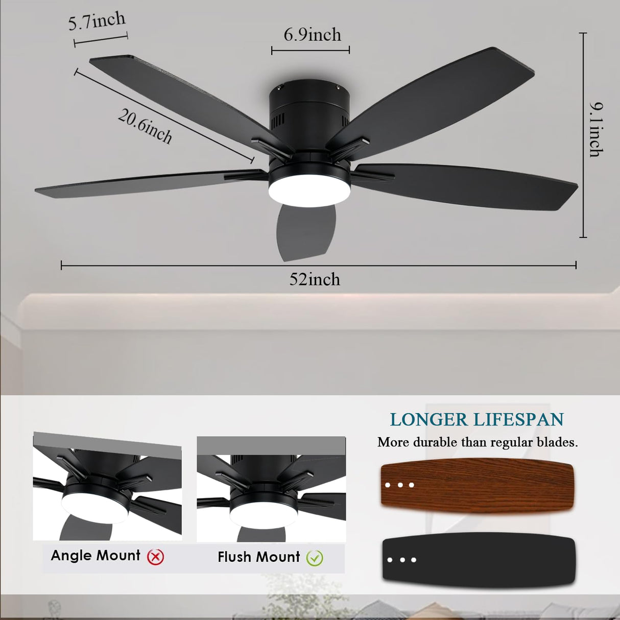 Ayaoty Ceiling Fans with Lights, 52" Low Profile Indoor Ceiling Fan with Light and Remote Control, Dimmable, Noiseless, Reversible, Black Ceiling Fan for Bedroom, Indoor/Outdoor Use Ayaoty
