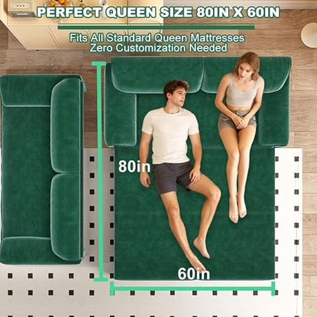 UPYOOE 63.8" Futon Sofa Bed Queen Size, Pull Out Bed, 3-in-1 Convertible Sleeper Sofa with Side Pocket, Modern Velvet Futon Couch for Living Room, Small Space, Apartment, Bedroom, Green UPYOOE