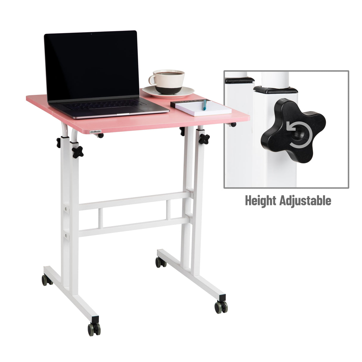 Mind Reader Standing Desk, Adjustable Height, Computer Desk, Laptop Desk, Portable, Rolling, 15" L x 22" W x 39" H, Pink Mind Reader