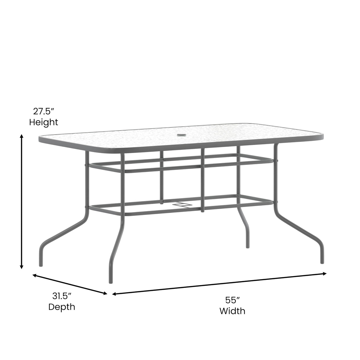 Flash Furniture Tory 31.5" x 55" Rectangular Tempered Glass Metal Table with Umbrella Hole, Silver Flash Furniture