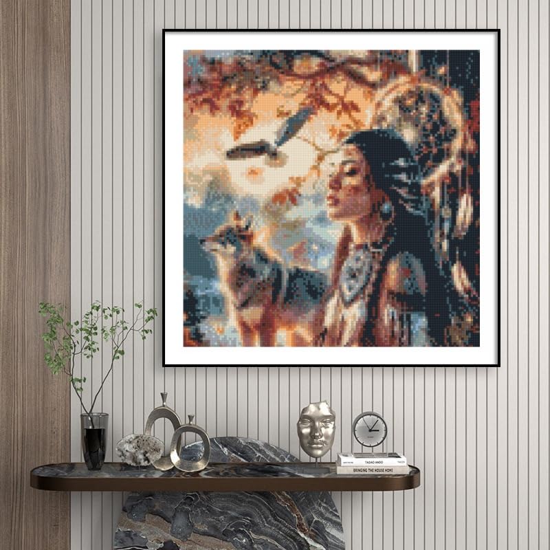 Generic American Native Indian Girl and Wolf DIY 5D Diamond Paint Kits for Adults Round Full Drill Diamond Art Easy for Beginner Gems Cross Stitch Mosaic Craft for Home Decor 14x14inch WoodArtSupply