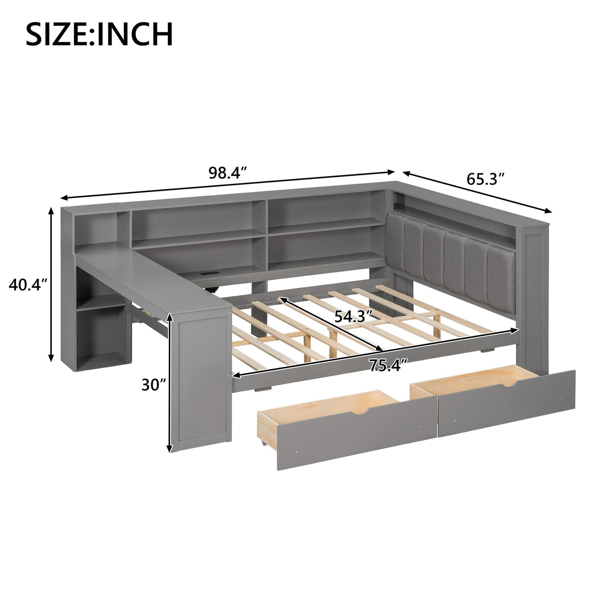 Full Size Corner Bed Frame with Storage Drawers and Desk,Captain Daybed with L-Shaped Bookcase and LED Lights,Corner Bed Full Size with Charging Station for Kids,Teens,Adults,Gray Bellemave
