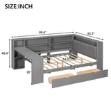 Full Size Corner Bed Frame with Storage Drawers and Desk,Captain Daybed with L-Shaped Bookcase and LED Lights,Corner Bed Full Size with Charging Station for Kids,Teens,Adults,Gray Bellemave
