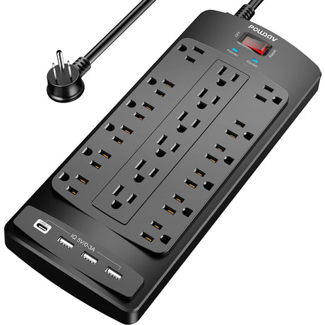 18 Outlets Surge Protector Power Strip - 6 Feet Flat Plug Heavy Duty Extension Cord with 18 Widely Outlets and 4 USB Ports, 2100 Joules, Black, ETL Listed POWSAV