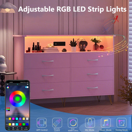 Dresser for Bedroom with Charging Station and LED Lights, Storage Organizer with 6 Drawers Wooden, Chest of Drawers for Living Room, Closet, Bedroom, Guest Room, Hallway Entryway Takywep