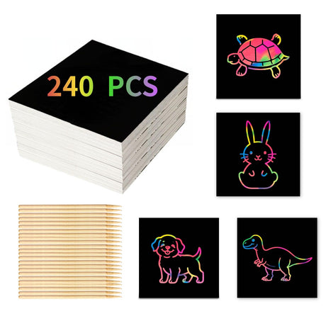 240 Scratch Paper for Kids with 26 Bamboo Styluses | Mess Free Scratch Paper Kit | Fun Classroom Crafts Activity &Creative Party Gifts (Ages 4-8, Travel Toy) wiwbbitl