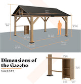 13x15 ft Wood Gazebo, Hardtop Pergola with Steel Gable Roof, Outdoor Gazebo with Guest House for Garden, Porch, Patio, Black + Natural Wood LUXOAK