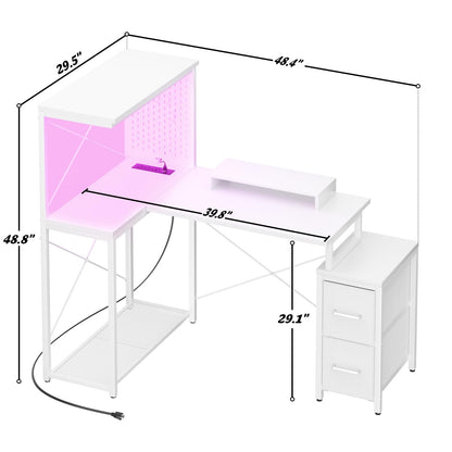 L Shaped Gaming Desk with 2 Fabric Drawers - Reversible Computer Desk with Power Outlet & LED Lights, 48" Corner Desk with Monitor Stand & Storage Shelves, Office Study Table with Pegboard, White